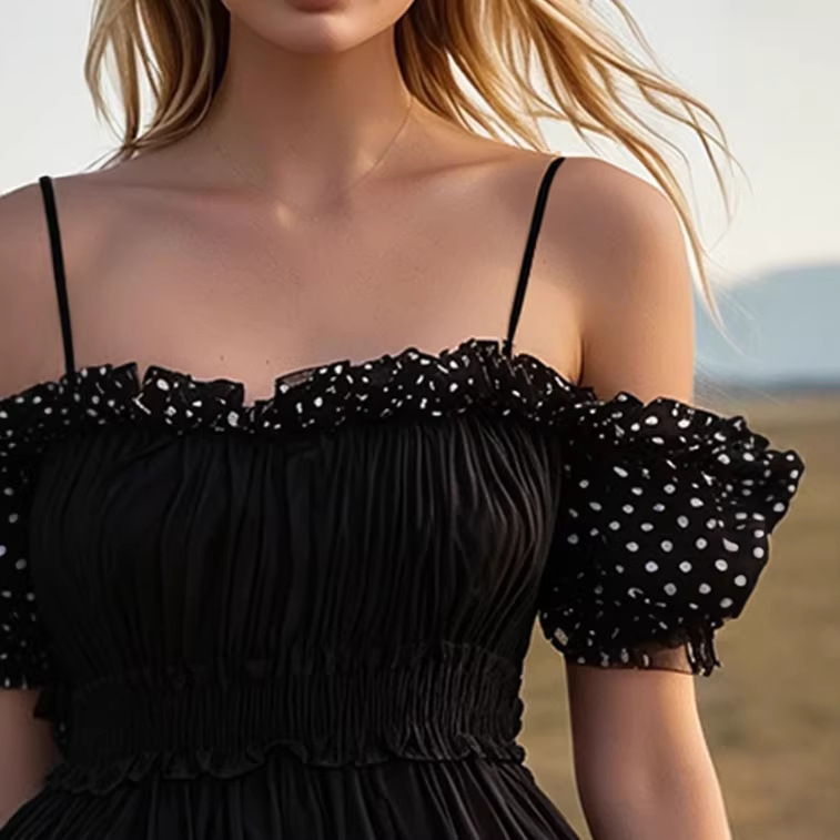 Western Retro Polka Dot Black Spaghetti Strap Short Sleeve Chiffon Mini Dress