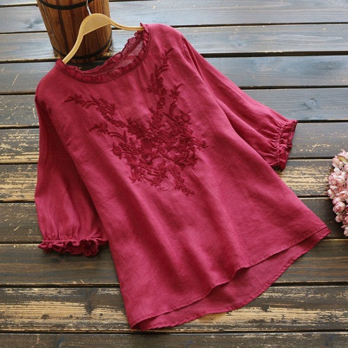 Women's Embroidered Cotton-Linen Short Sleeve Shirt Loose Breathable