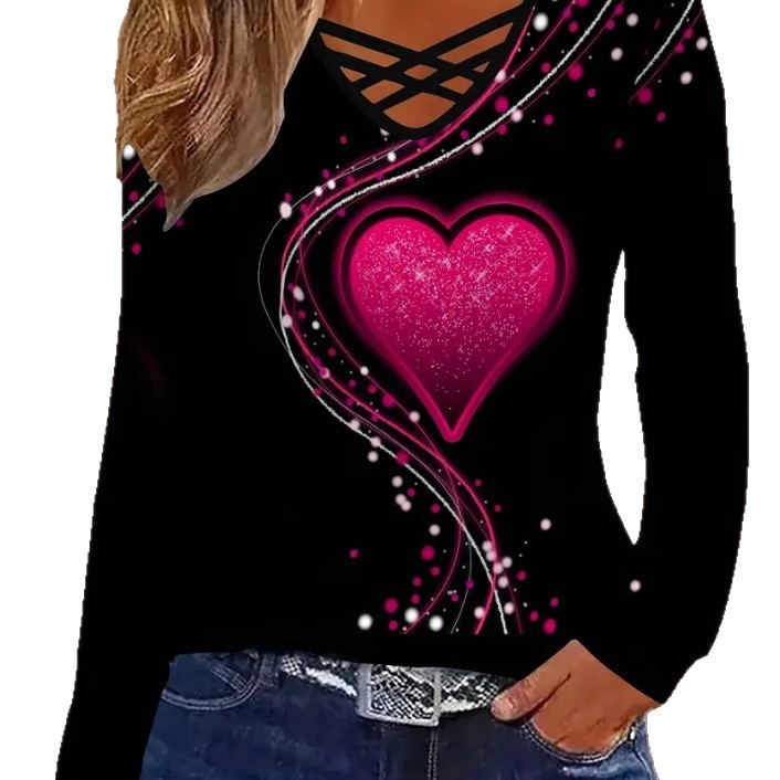 Women's Heart Print Long Sleeve V-Neck T-Shirt