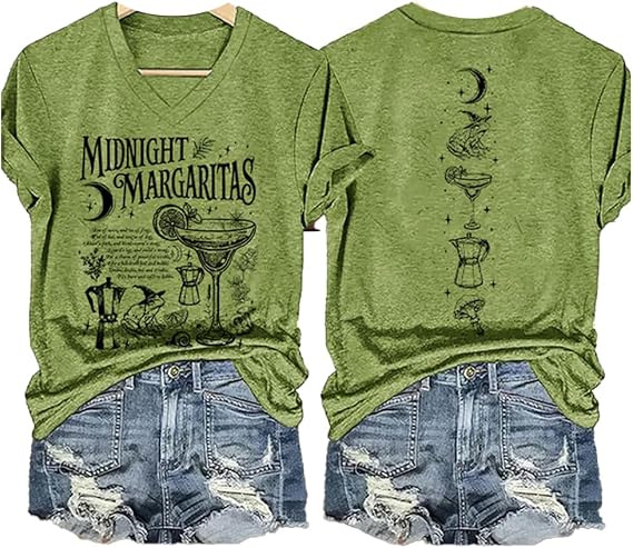 Letter Wine Glass Moon Print V-Neck Short Sleeve Women's T-Shirt