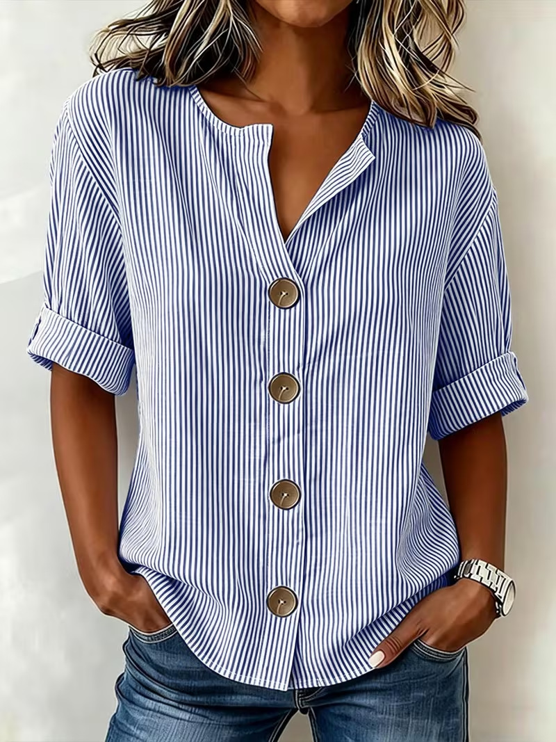Women's Retro Striped Print Mid-Sleeve Blouse