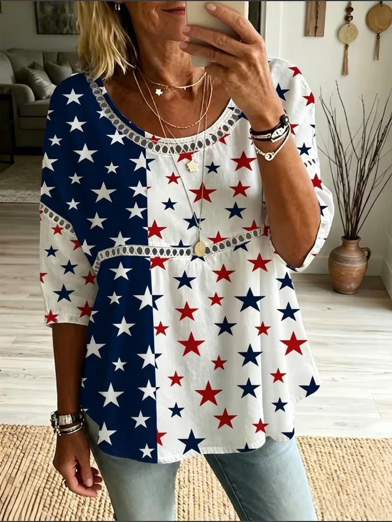 Plaid Floral Star Print Long Sleeve Women's Top