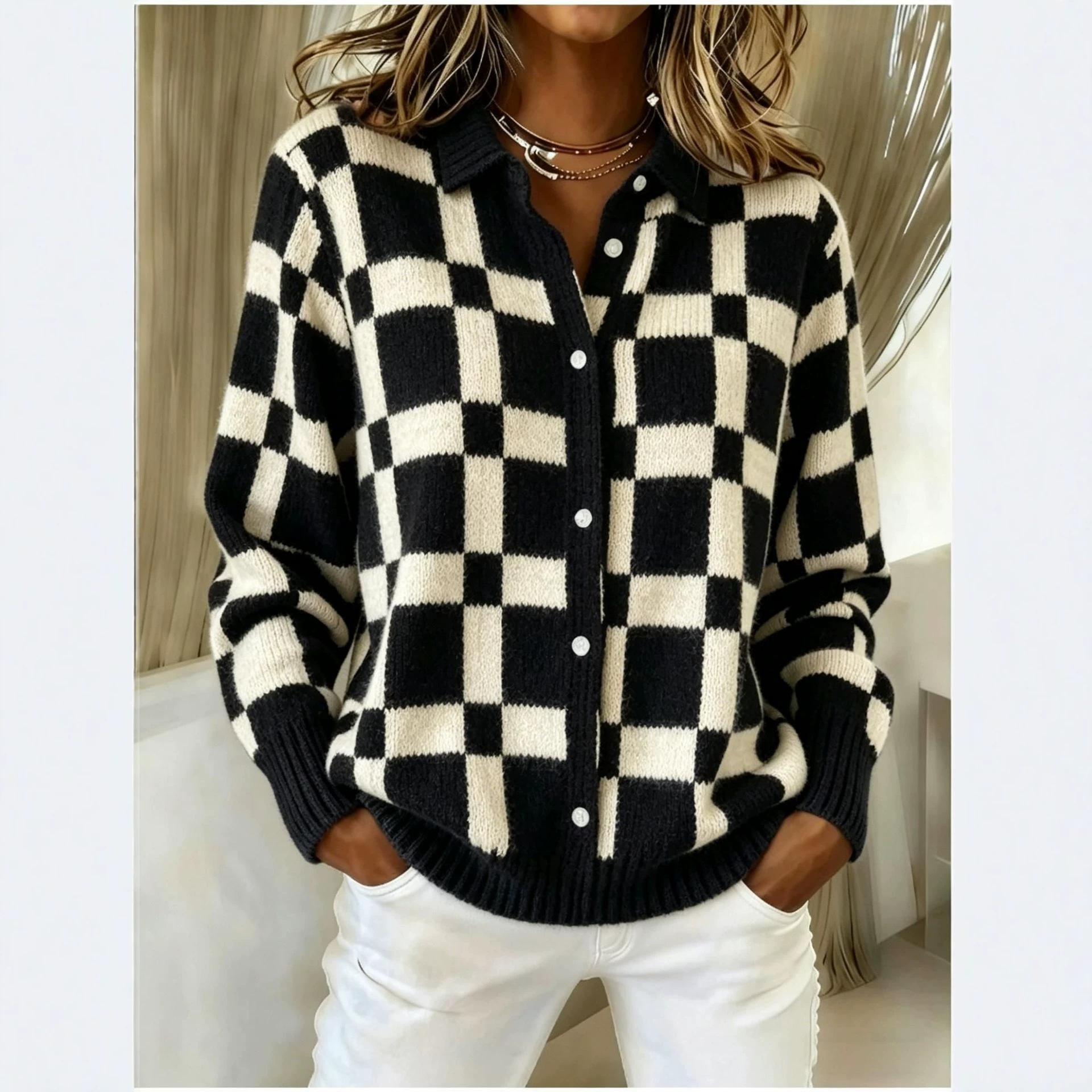 Women's Unique Line Plaid Print Long Sleeve Shirt