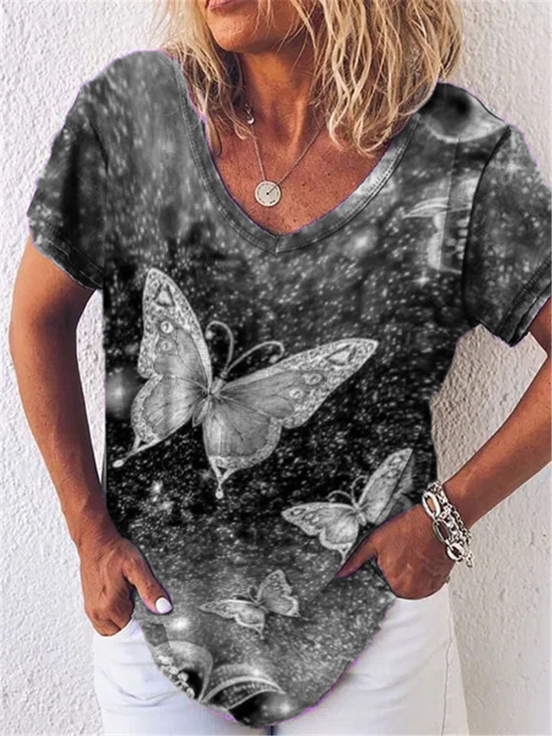 Women's V-Neck Butterfly Print Short Sleeve T-Shirt