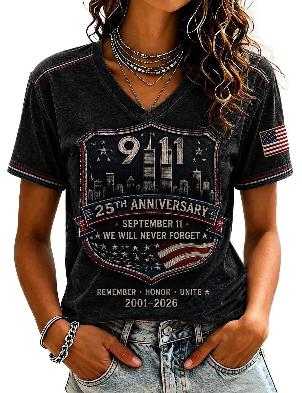 American Flag Twin Towers Print V-Neck Short Sleeve Women's T-Shirt