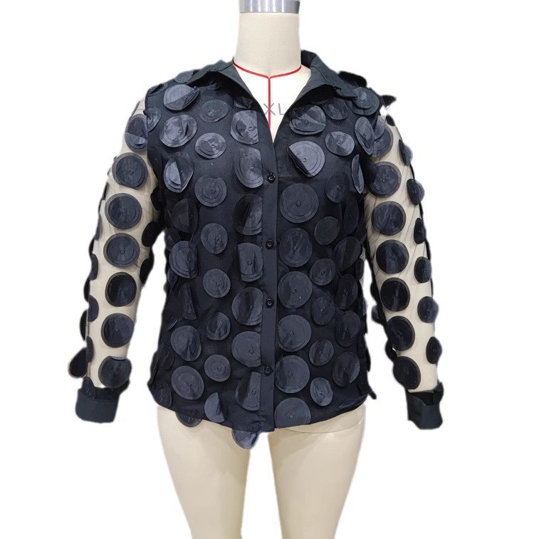 Women's Long Sleeve Square Neck Mesh Sleeve Button-Up Shirt