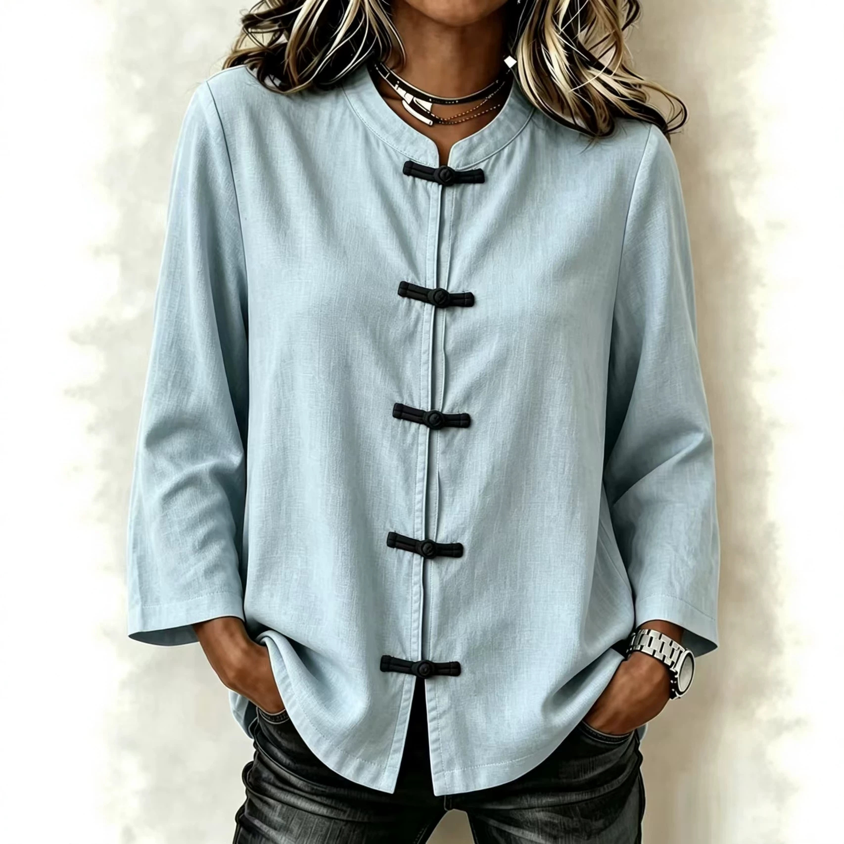 Women's Solid Button-Up Stand Collar Long Sleeve Shirt