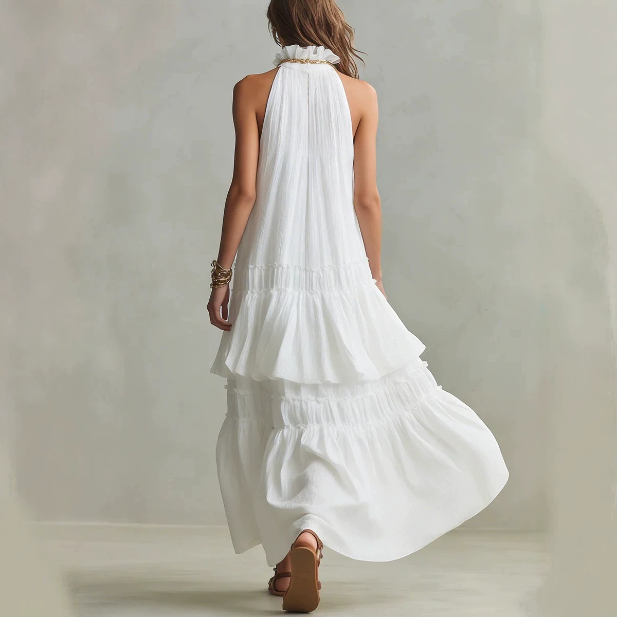 Women's Halter Neck Sleeveless Ruffle Princess Dress