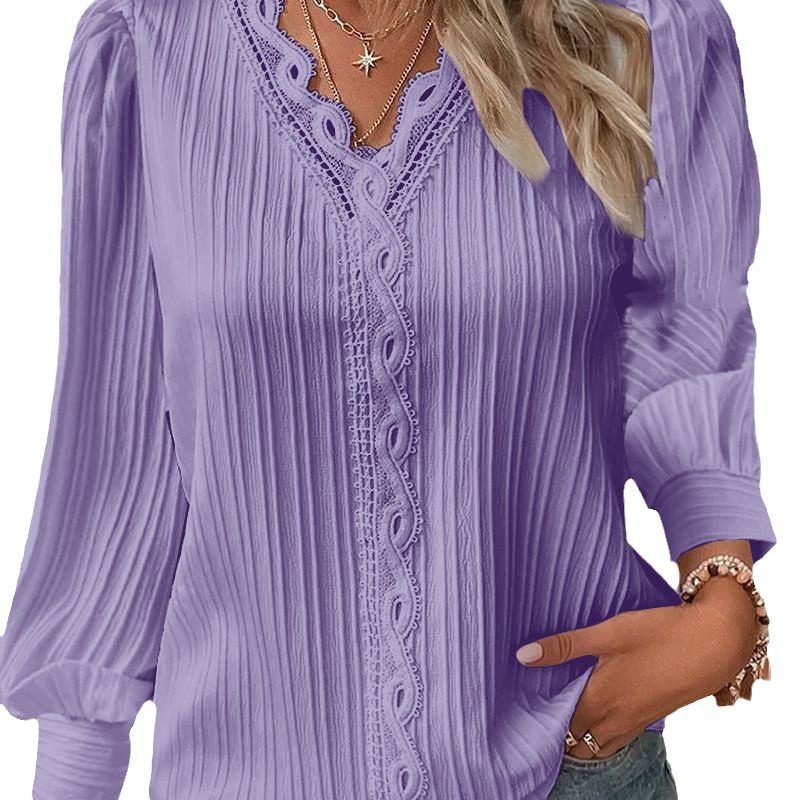 Women's Long Sleeve V-Neck Lace Trim Blouse