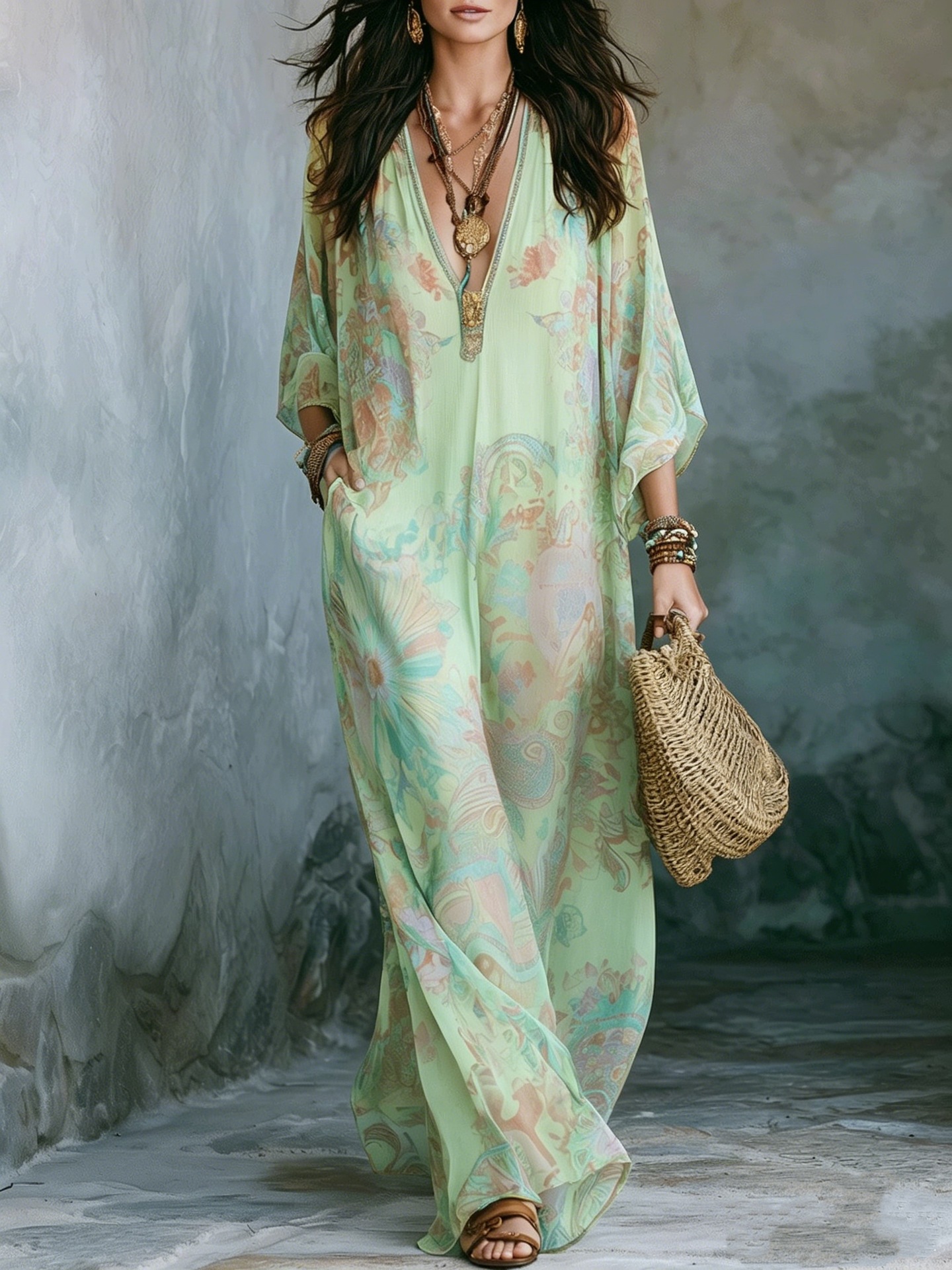 Floral Print Boho Maxi Dress Long Sleeve Deep V-Neck A-Line