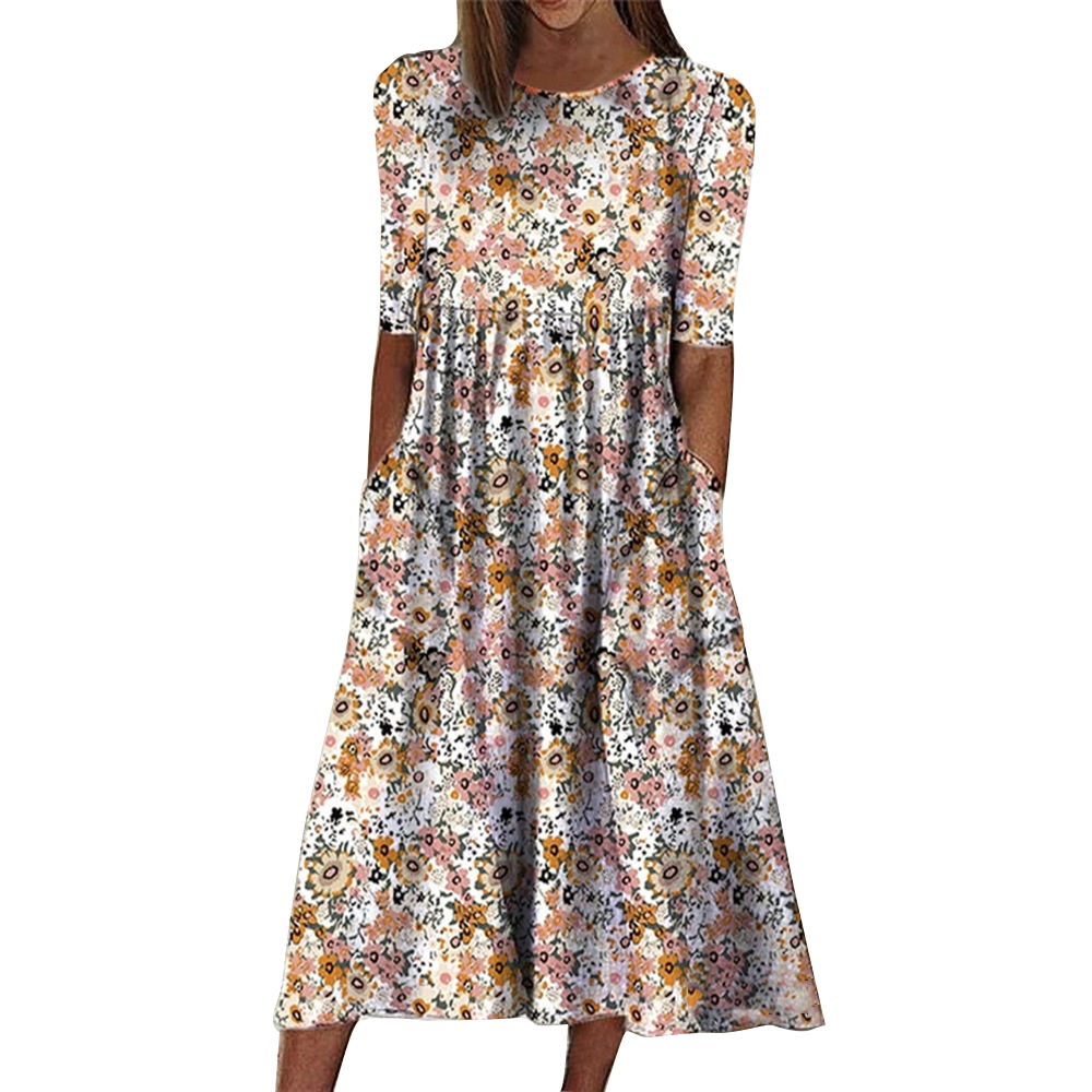 Women's Summer Floral Print Midi Dress with Pockets