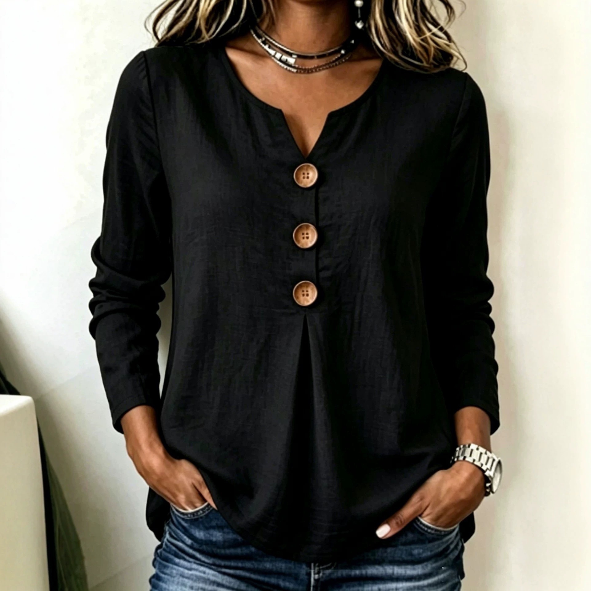 Women's Minimalist White Cotton-Linen Long-Sleeve Top with Oversized Buttons and V-Neck