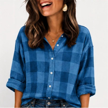 2026 Cross-Border Autumn Winter Women's Blue Large Plaid Loose Long Sleeve Shirt Casual Lapel Cardigan Top