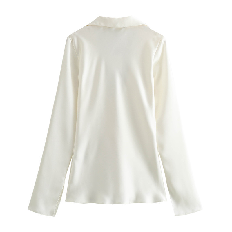 Women's Satin-Feel Bow Blouse with Lapel Collar