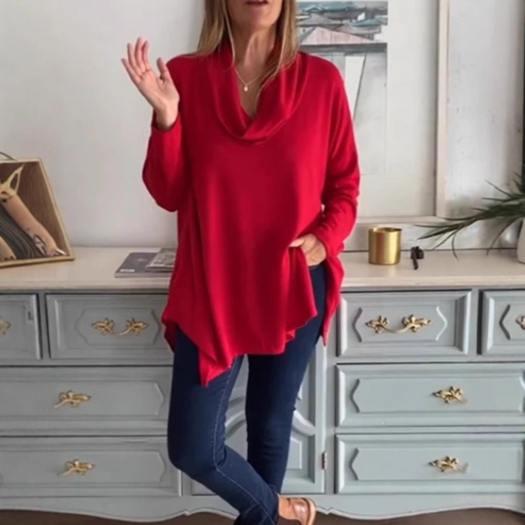 Women's Solid Color Cowl Neck Long Sleeve Top