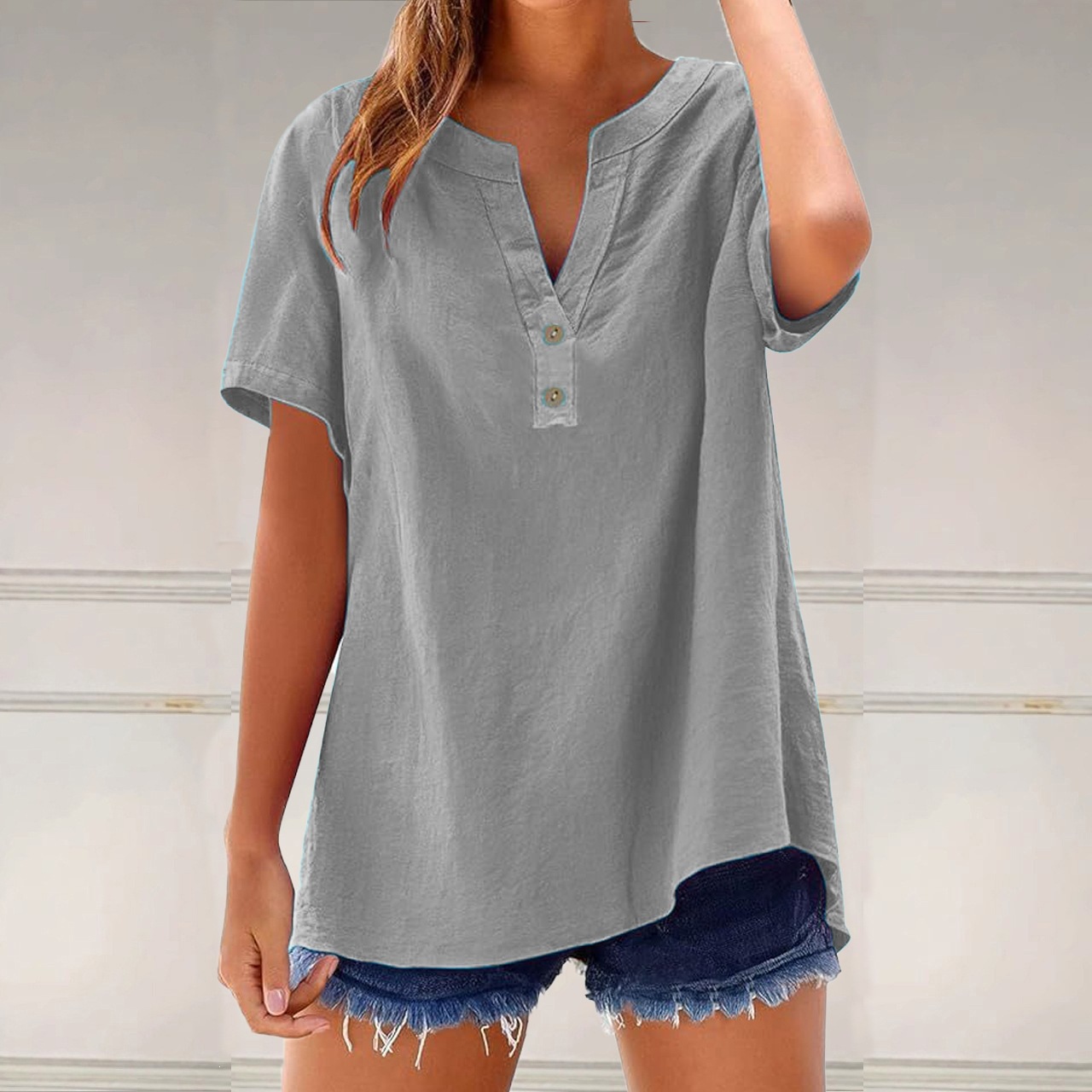 Men's Cotton Linen Henley T-Shirt Two-Button Half-Placket Side Slit Loose Short Sleeve
