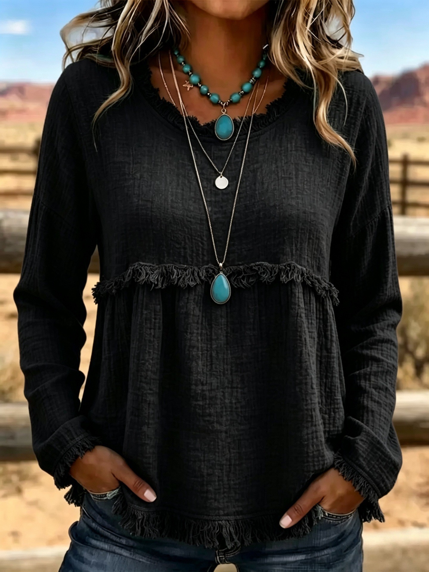 Textured Fringe Tassel Retro Crewneck Long-Sleeve Shirt