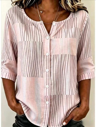 Women's Color-Block Vertical Striped Mid-Sleeve Shirt