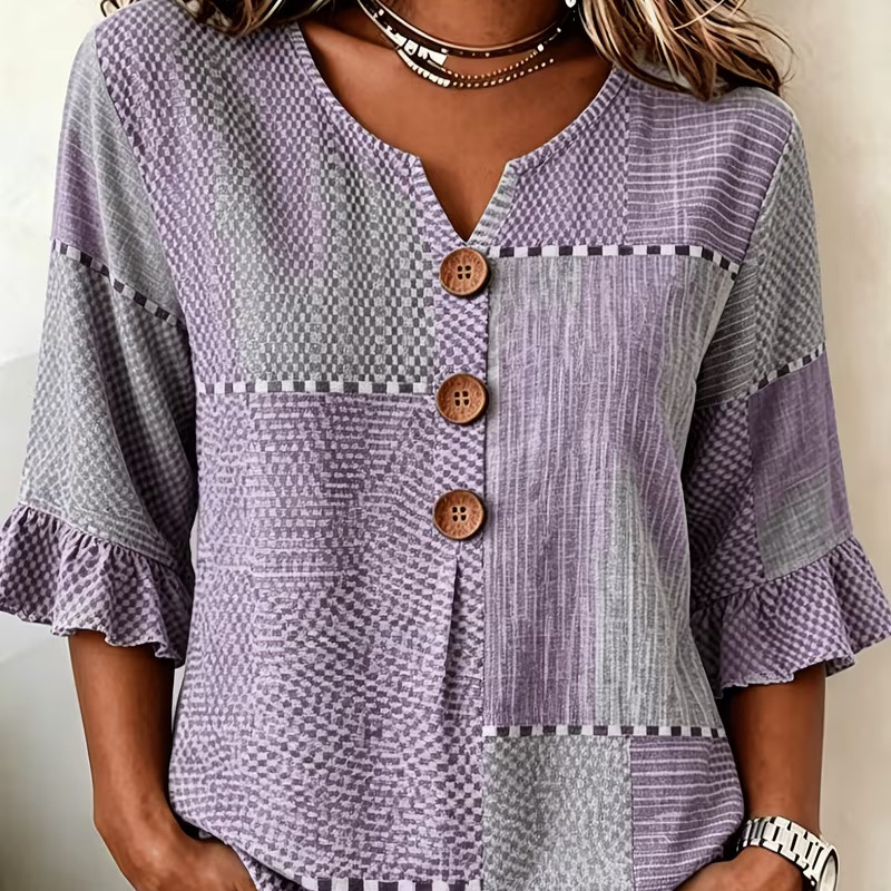 Women's Plaid Color-Block Print Short Sleeve Shirt