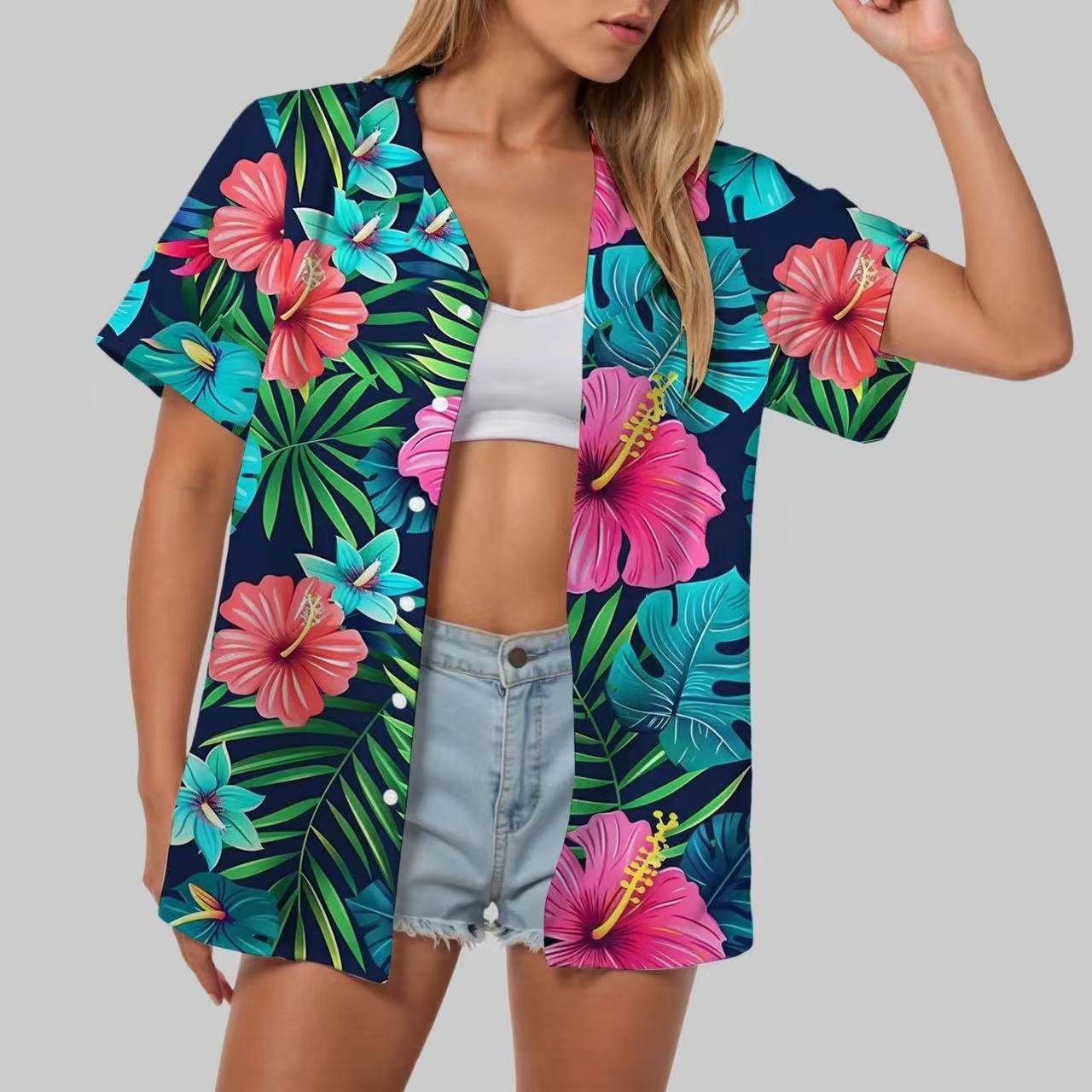 Women's Vintage Hawaiian Floral Print Short Sleeve Casual Shirt
