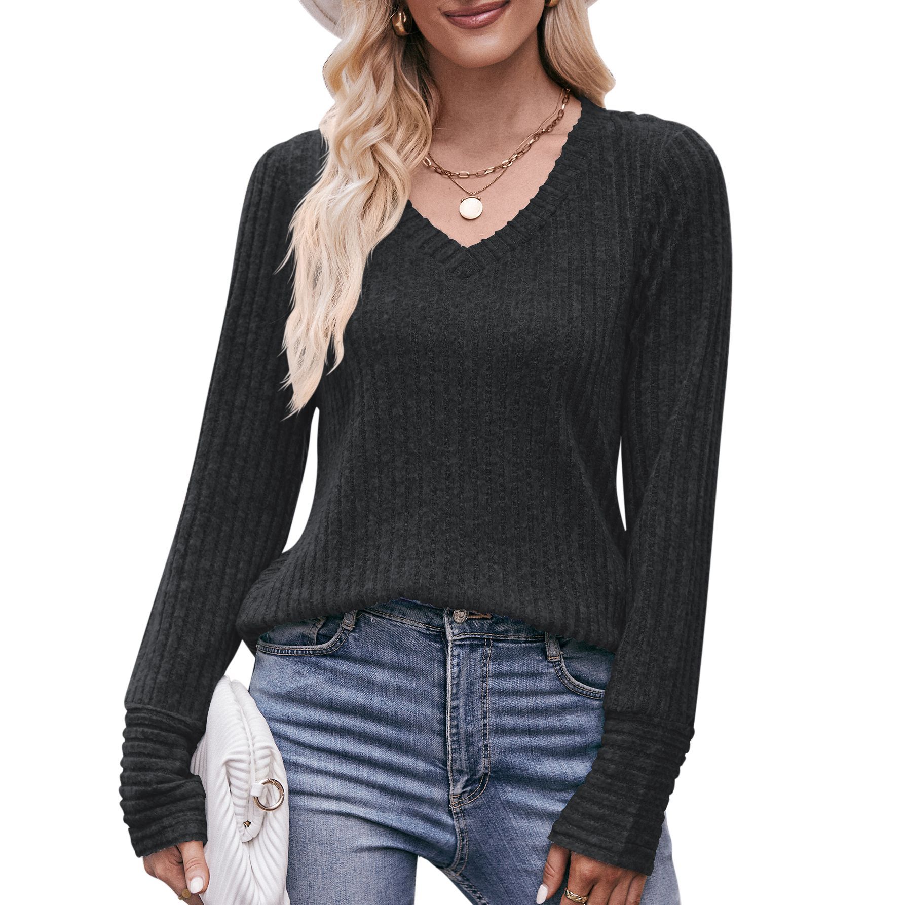 Women's Long Sleeve Ribbed Knit V-Neck Solid Color Top
