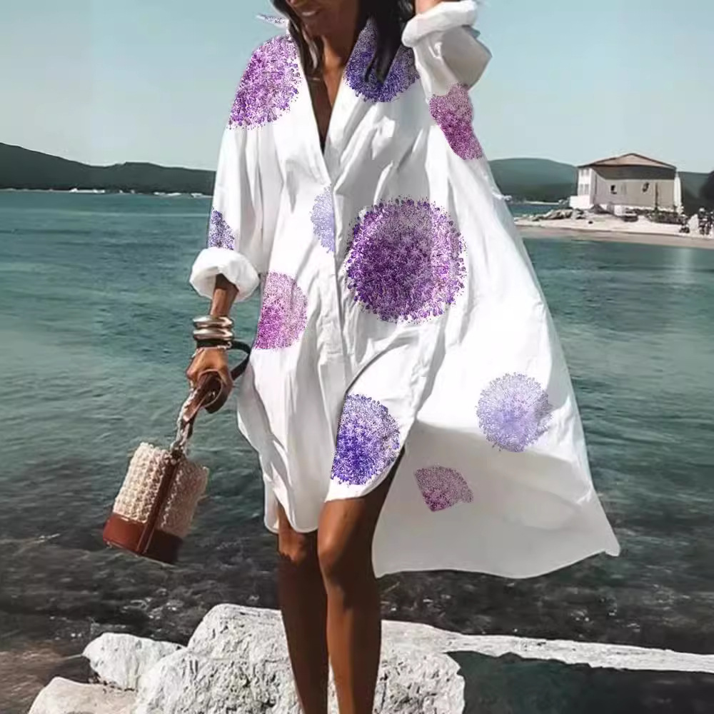 Women's Loose Digital Print Long Sleeve Collared Shirt Dress