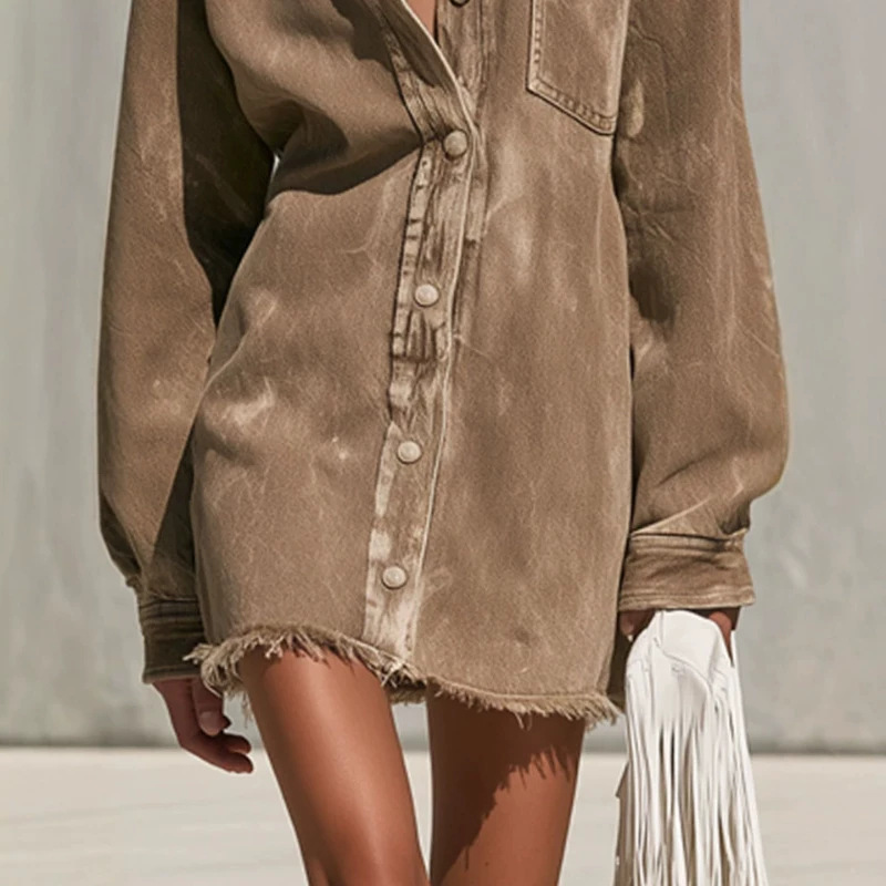 Camel Denim Frayed Long-Sleeve Mini Dress