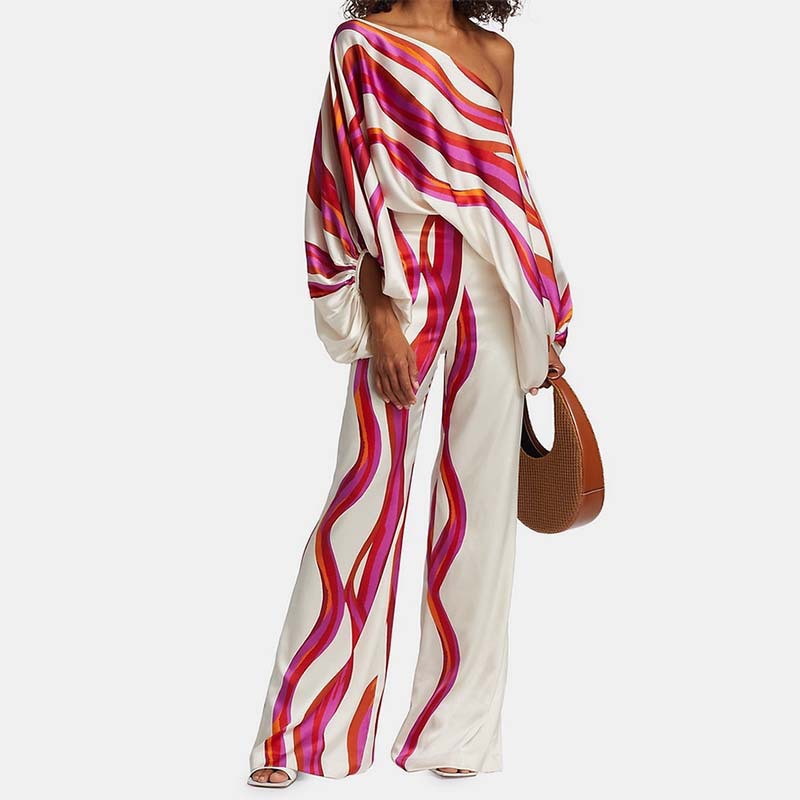 Floral Print Off-Shoulder Batwing Sleeve Wide-Leg Pant Set