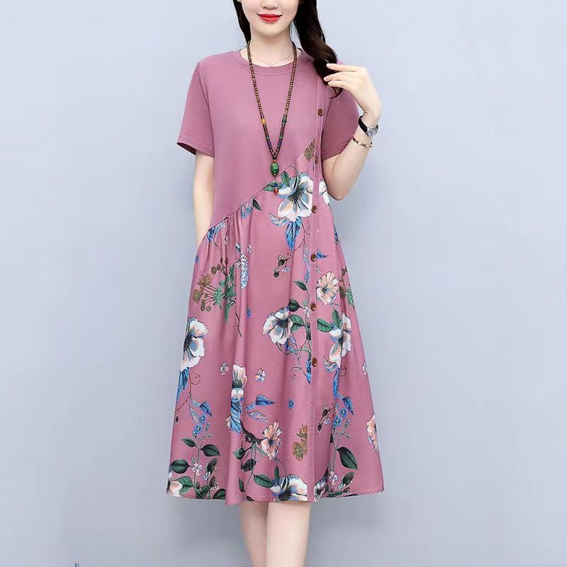 Women's Vintage Floral A-Line Dress Short Sleeve Loose Fit