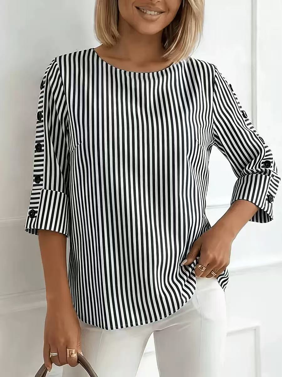 Retro Print Button Sleeve Blouse