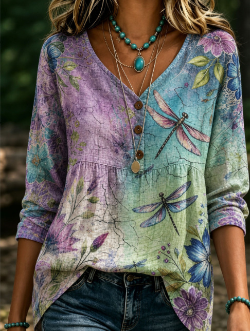 Women's Floral Print Button-Down 3/4 Sleeve Blouse