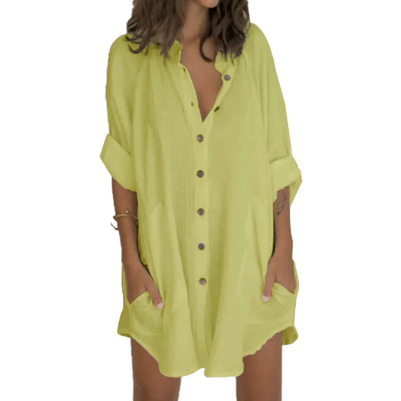 Women's Cotton-Linen Button-Front Long Sleeve Loose Shirt
