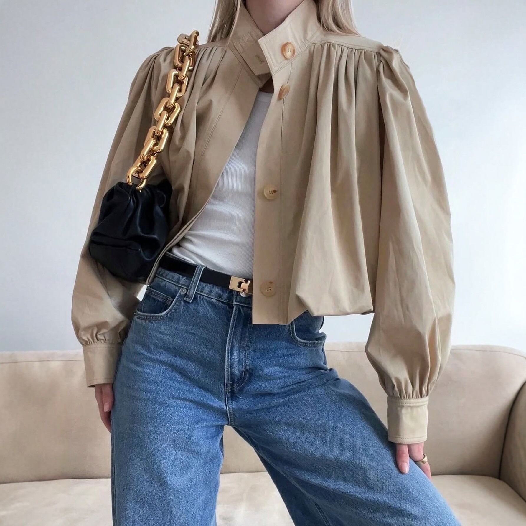 Women's Long Sleeve Solid Color Stand Collar Relaxed Fit Trench Coat