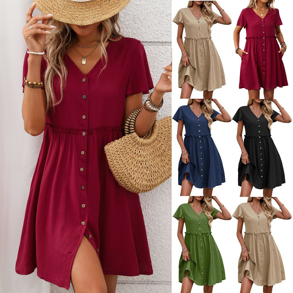 Women's Boho V-Neck Ruffle Short Sleeve Dress