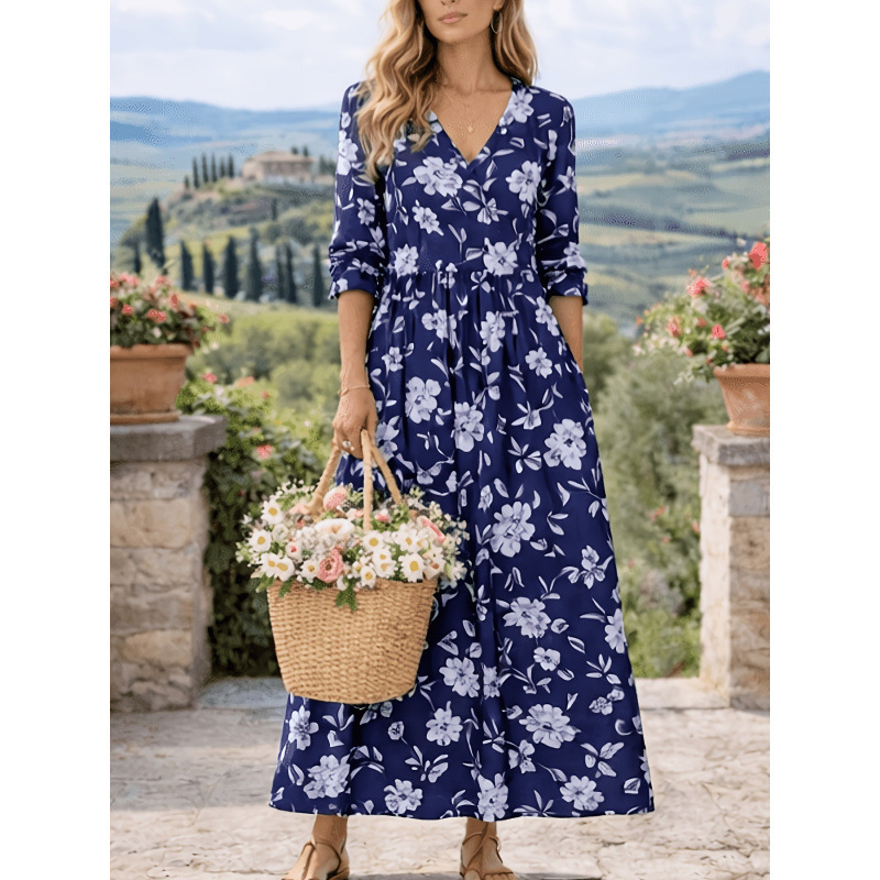 V-Neck Long Sleeve Floral Print Polyester Dress