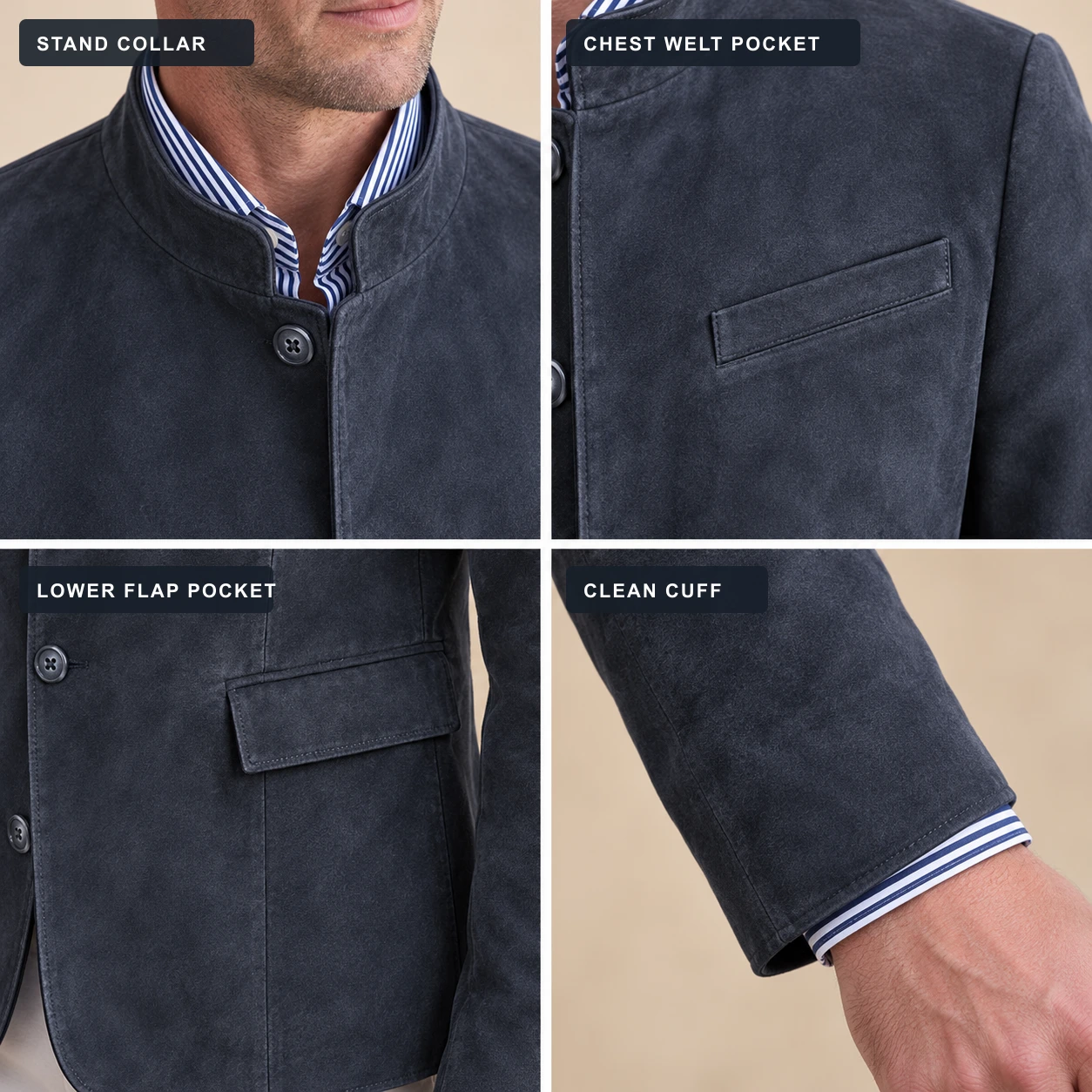 Editorial product detail 3 for the men's suede-look stand-collar blazer