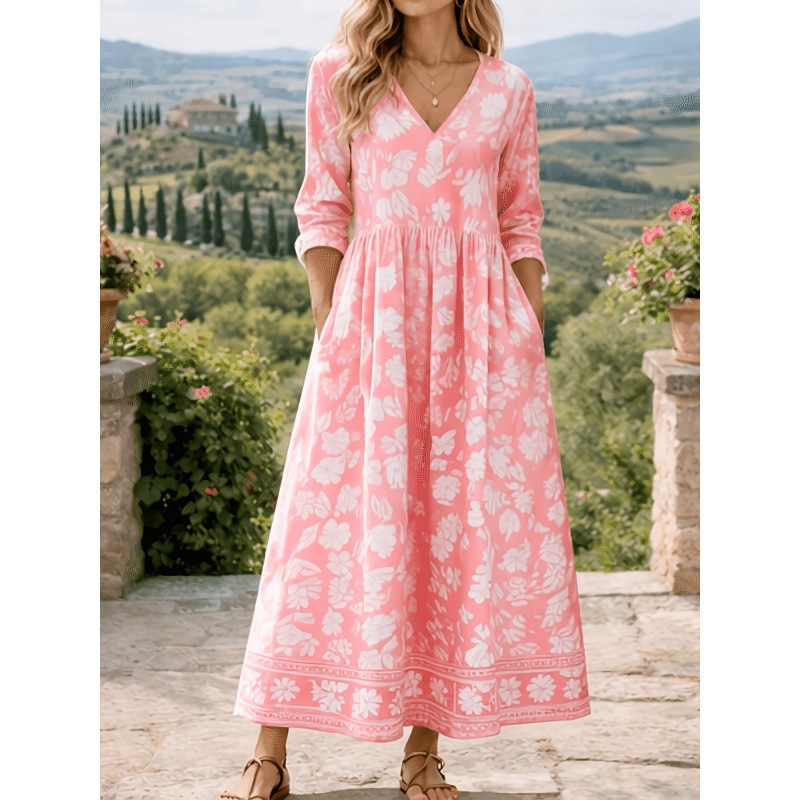 V-Neck Long Sleeve Floral Print Polyester Dress