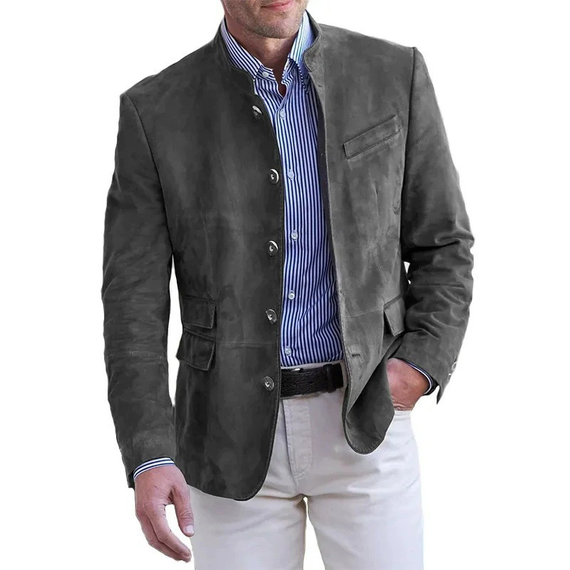 Charcoal men's suede-look stand-collar blazer