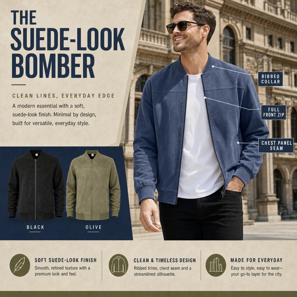 Suede-look bomber jacket product story