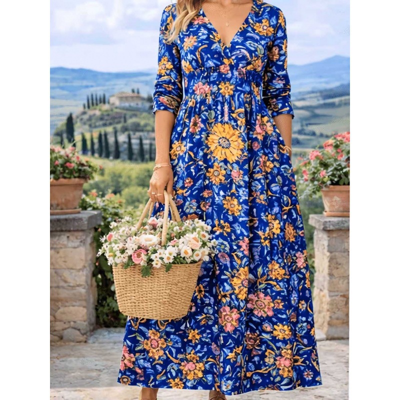 V-Neck Long Sleeve Floral Print Polyester Dress
