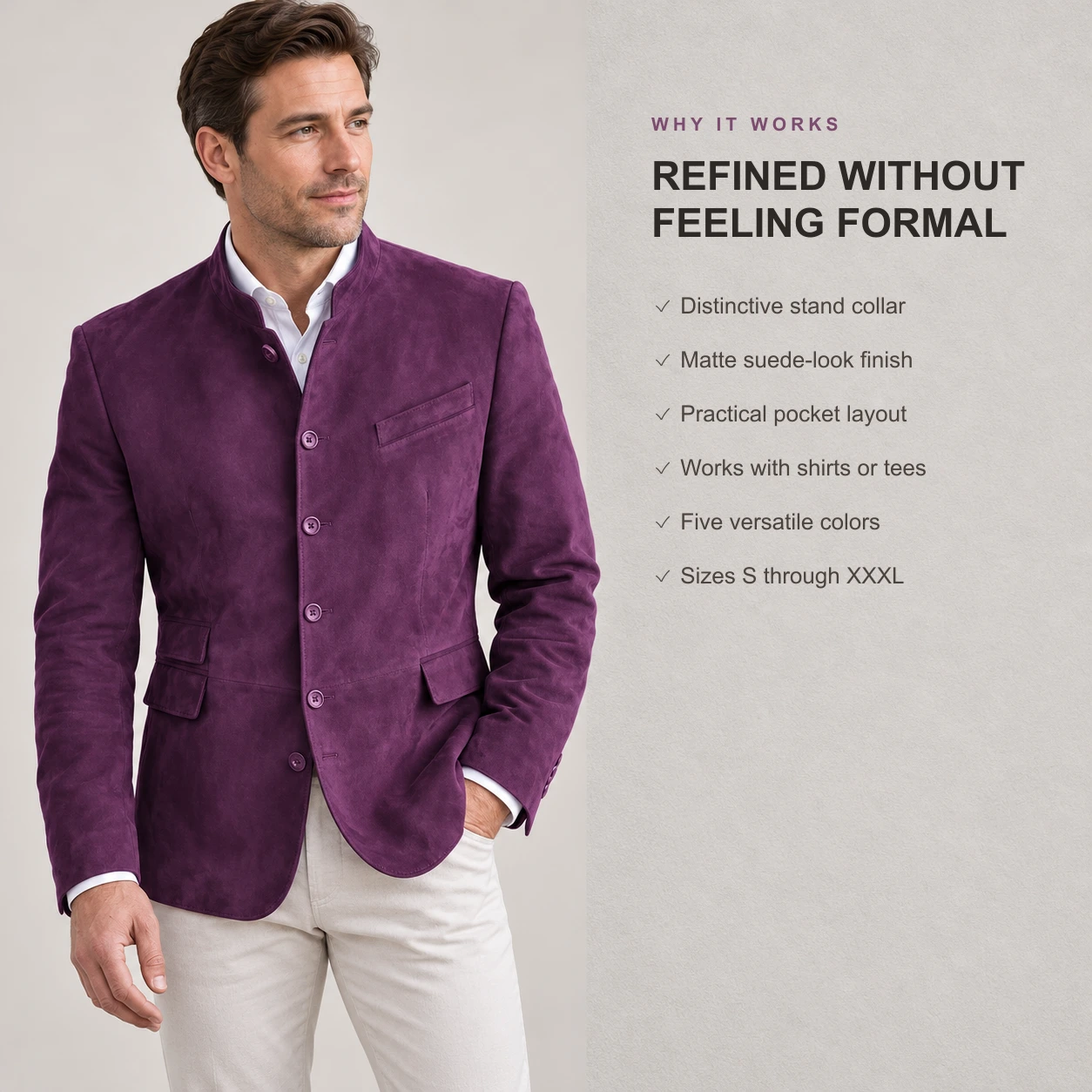 Editorial product detail 7 for the men's suede-look stand-collar blazer