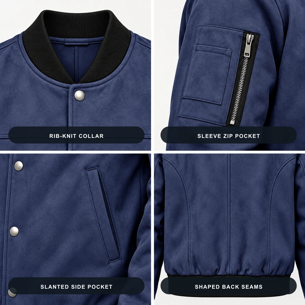Bomber jacket collar pocket and seam details