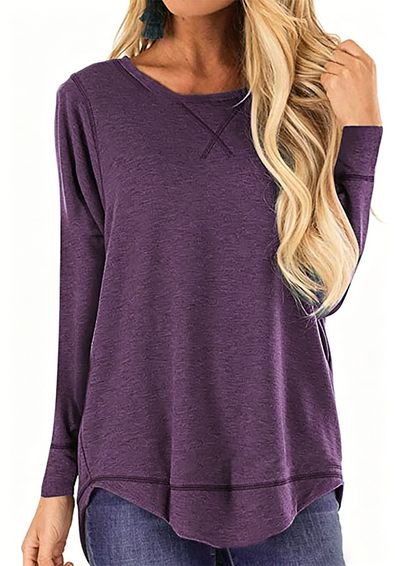 Women's Crewneck Long Sleeve T-Shirt Solid Loose High-Low Hem Casual Top
