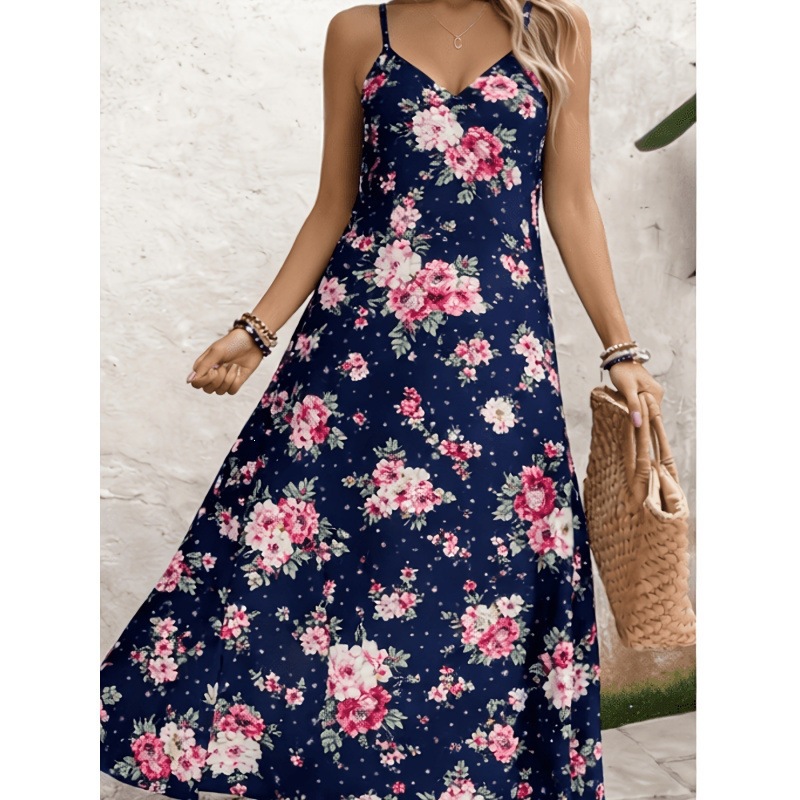 V-Neck Long Sleeve Floral Print Polyester Dress