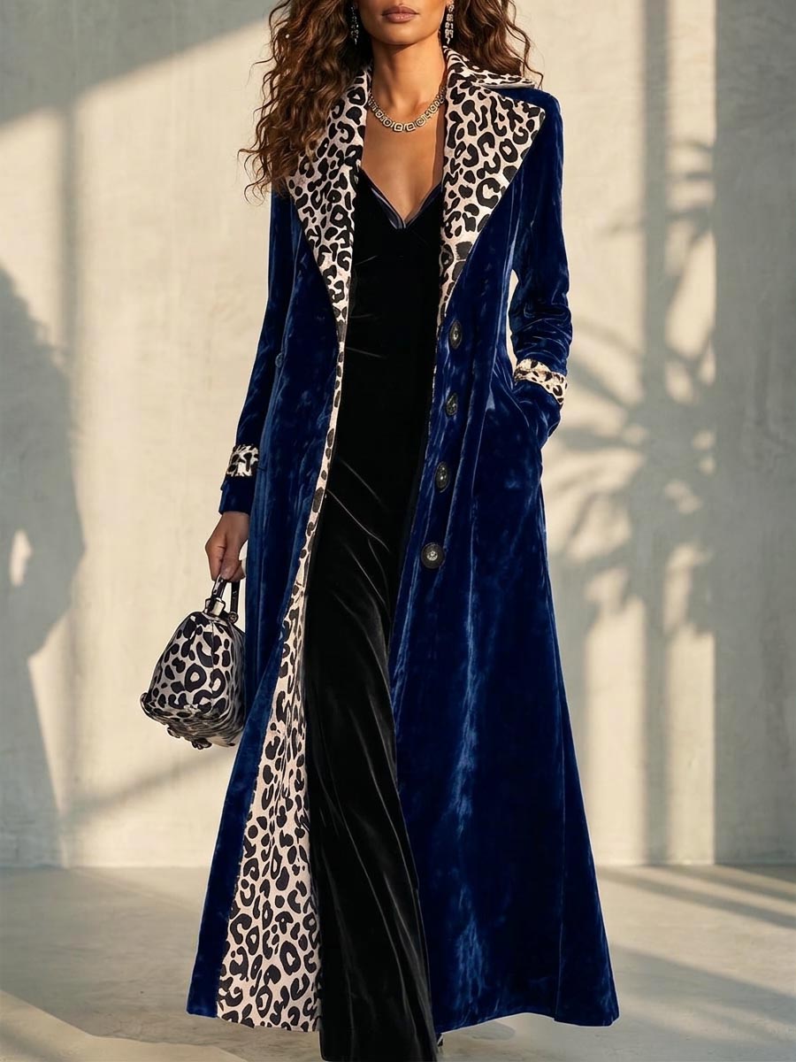 Women's Elegant Leopard Print Trim Velvet Long Coat