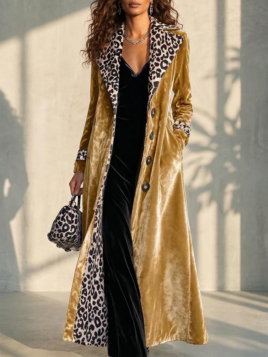 Women's Elegant Leopard Print Trim Velvet Long Coat