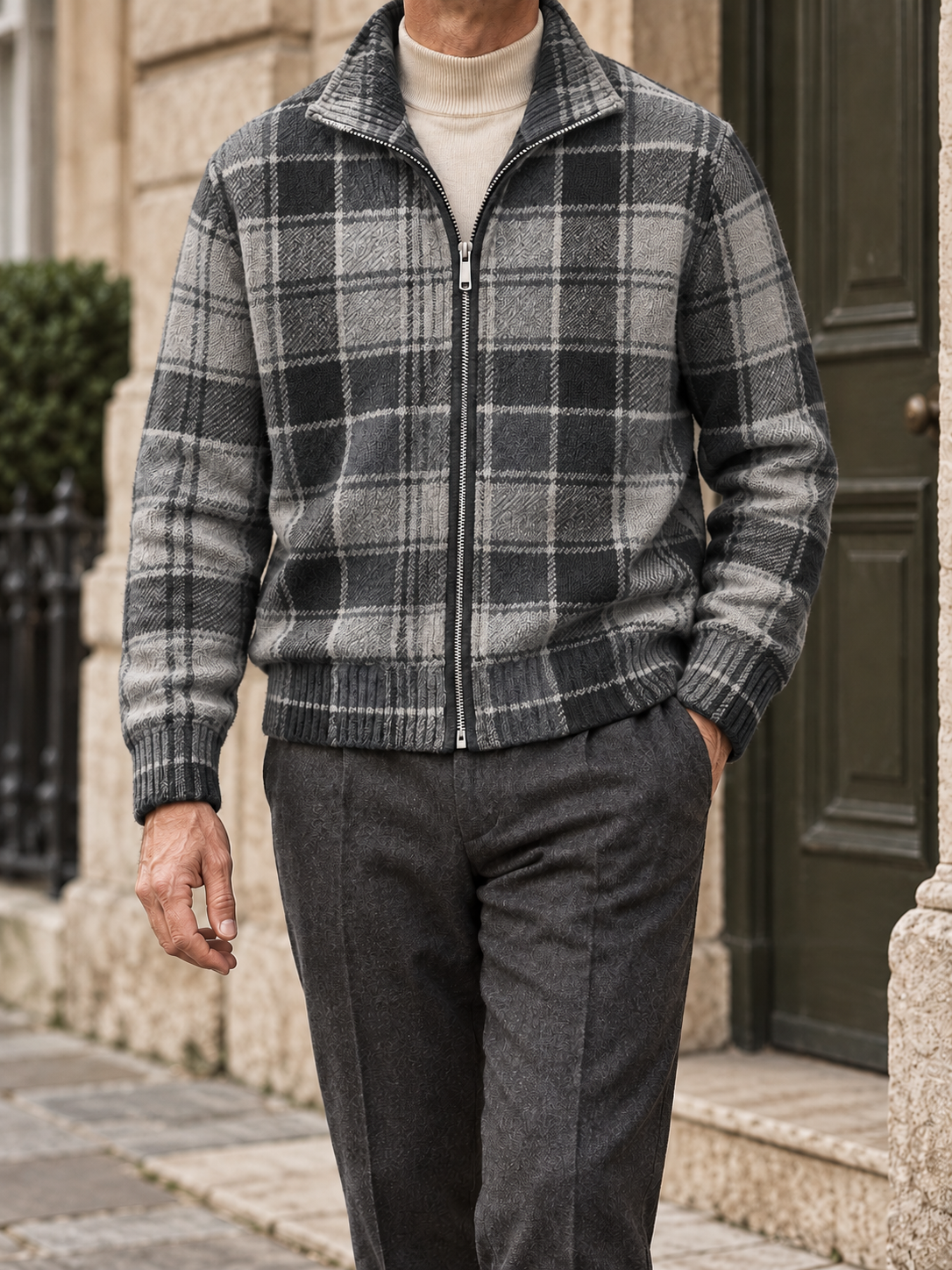 Men's plaid full-zip cardigan - Charcoal Grey Plaid