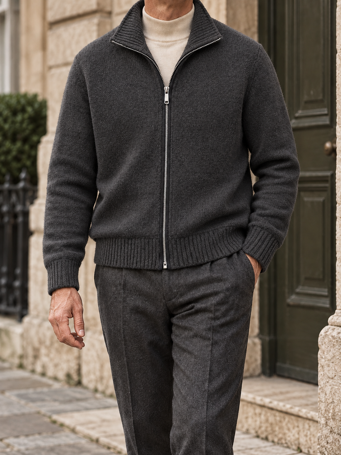 Men's solid full-zip cardigan - Charcoal
