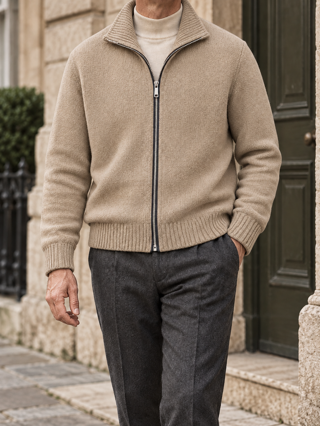 Men's solid full-zip cardigan - Oatmeal