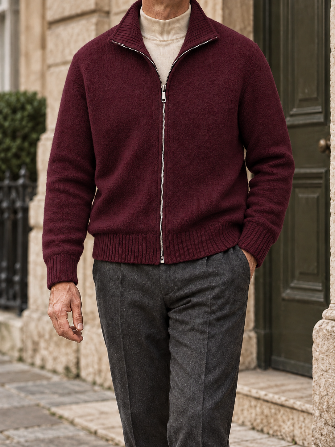 Men's solid full-zip cardigan - Burgundy